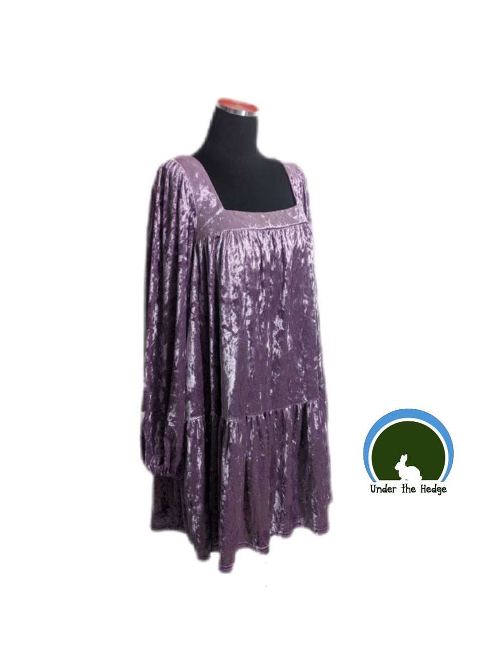 En Saison Mauve Crush Velvet Long Puff Sleeve Babydoll Dress Sz XL Stretch G1